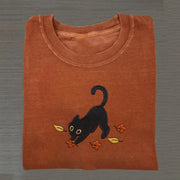 Cat Pouncing Leaves Embroidered T-shirt