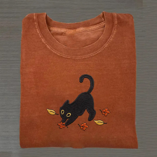 Cat Pouncing Leaves Embroidered T-shirt