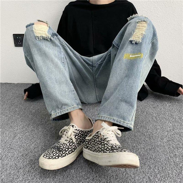 Ripped jeans men's thin section trendy brand wide-legged straight loose nine-point beggar daddy pants