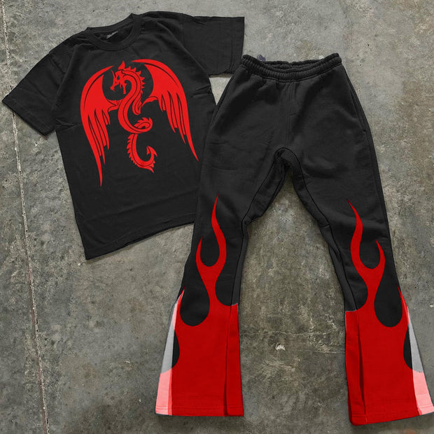 Flame Print T-Shirt & Trousers Two-Piece Set