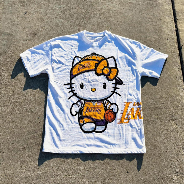 Casual cartoon cat print T-shirt