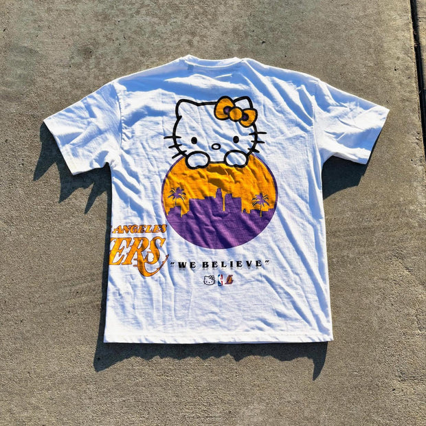 Casual cartoon cat print T-shirt