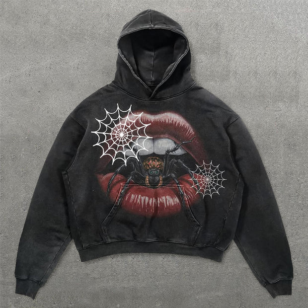 Punk Spider Web Print Long Sleeve Hoodies