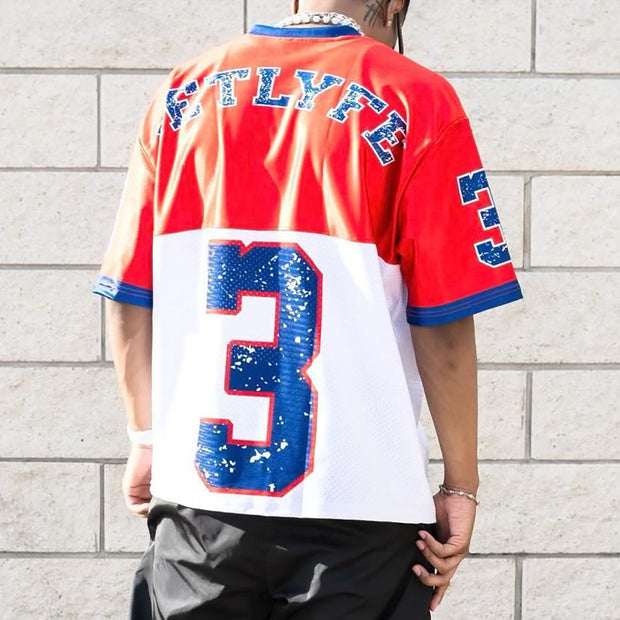 Contrast Color Print Splicing Short Sleeve V-neck T-Shirt