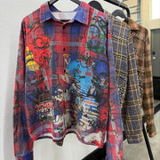 Artistic graffiti casual street plaid flannel shirt