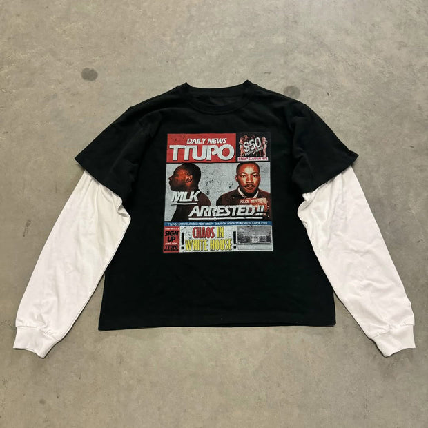Fake Two Daily News Print Long Sleeve T-Shirt