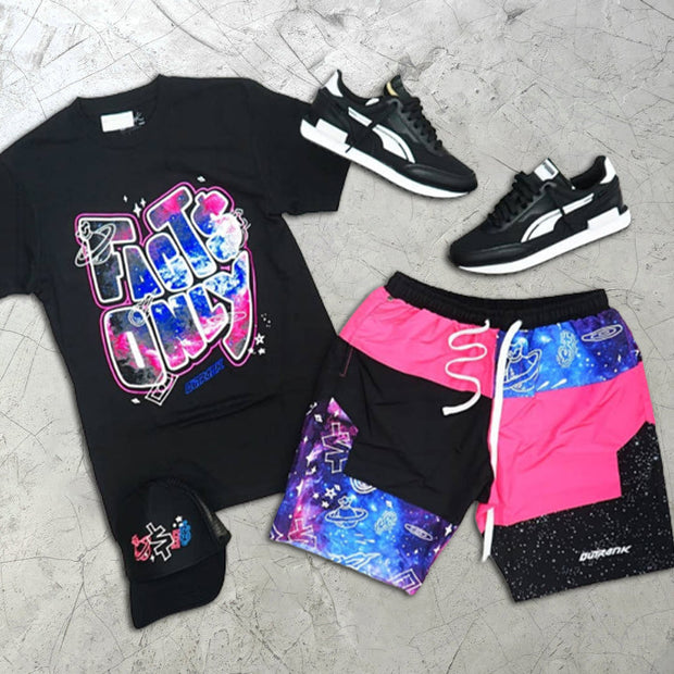 Graffiti Print Colorblock Short Sleeve Two Piece