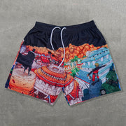 Heroes Of The Leaf Print Mesh Drawstring Shorts