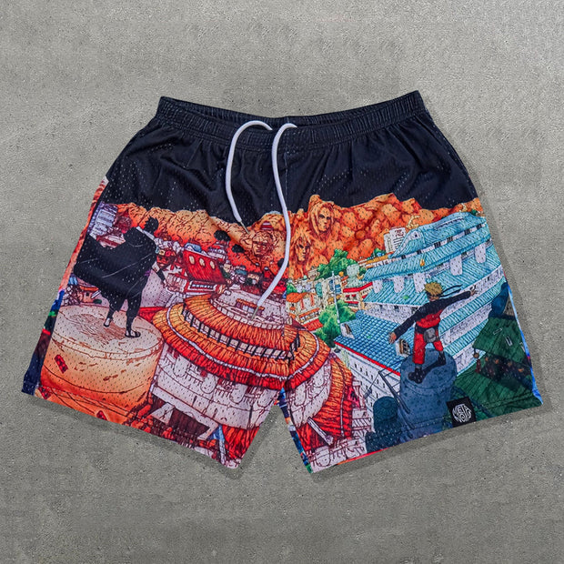 Heroes Of The Leaf Print Mesh Drawstring Shorts