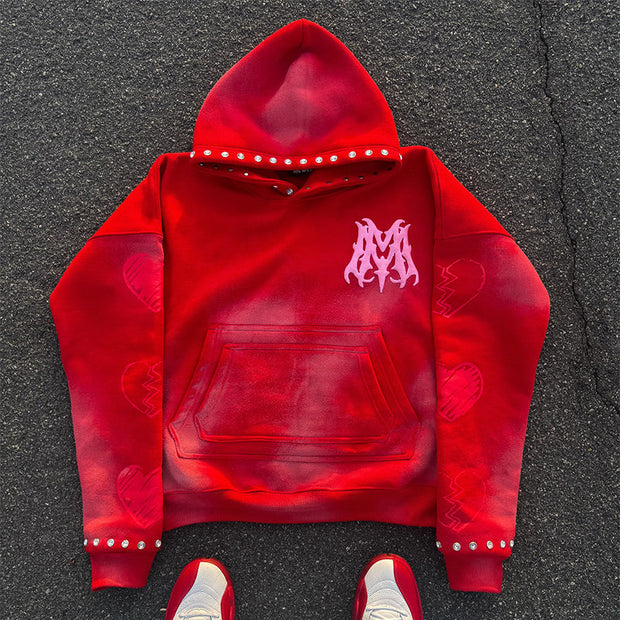 Personalized rhinestone heart print hoodie