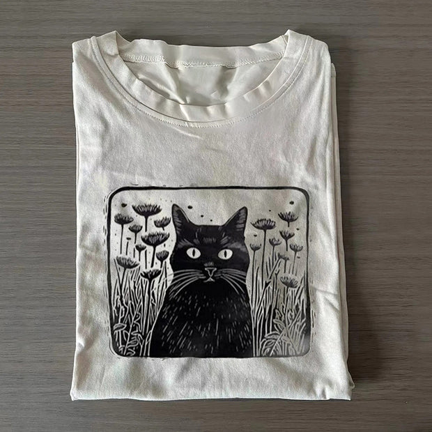 Vintage Floral Folklore Black Cat T-shirt