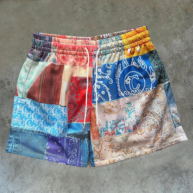 Fashion personality color block cashew flower shorts