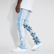 Casual street retro washed printed street stacked denim trousers