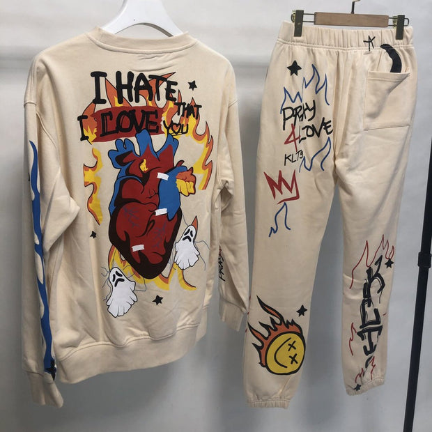 Personalized street style graffiti print loose round neck sweatshirt suit