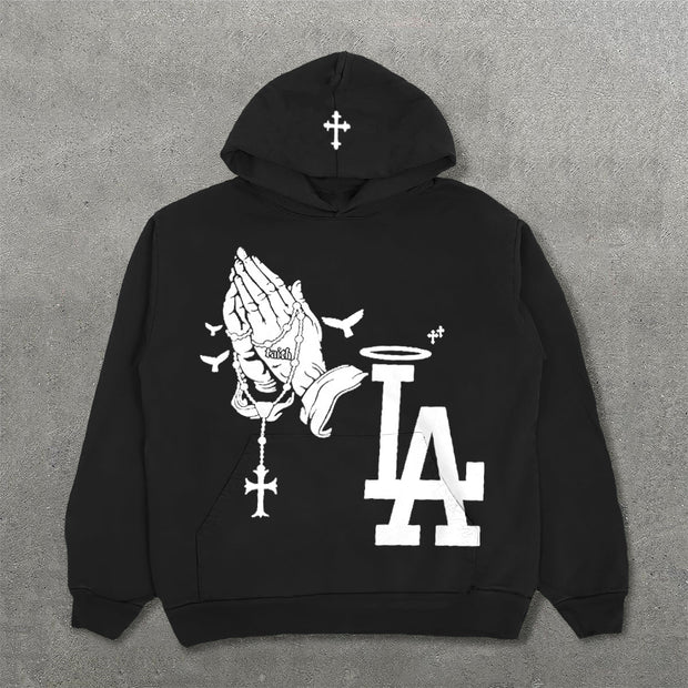 Praying Hands & Los Angeles Print Long Sleeve Hoodies