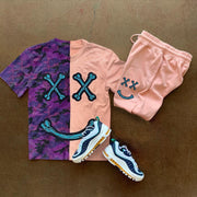 Casual sports style color matching smiley print shorts suit men