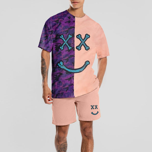 Casual sports style color matching smiley print shorts suit men