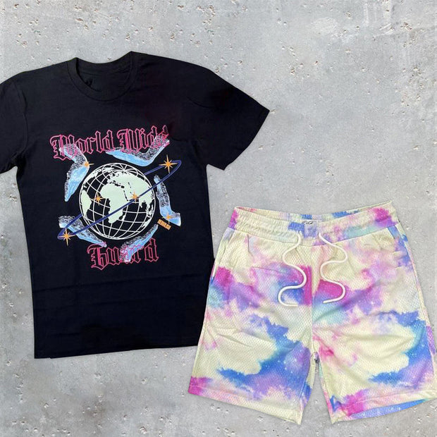Casual College Print T-Shirt Shorts Two-Piece Set