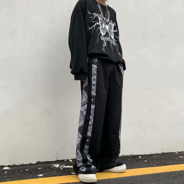 Street retro side cashew flower striped sports casual trousers