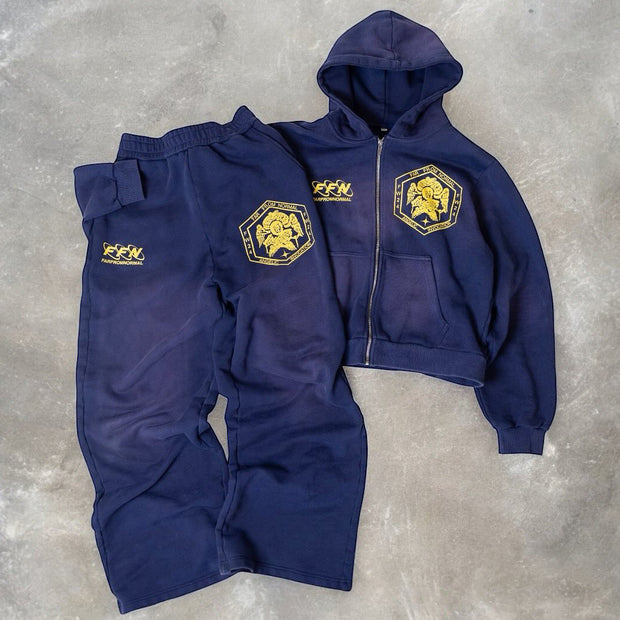 Letters Badge Print Two Piece Hoodie Set