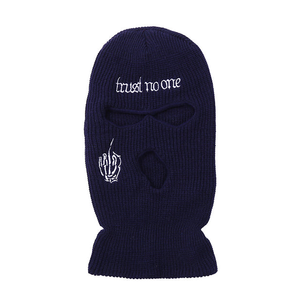Embroidered warm letter wool hat outdoor windproof hip-hop mask head cover three-hole knitted hat