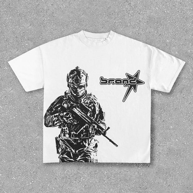 Casual Crew Neck Soldier Print T-Shirt