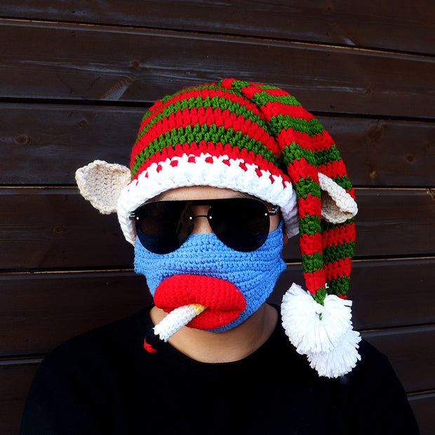Winter funny Christmas hat new handmade crochet clown hat red lip mask two-piece holiday couple parent-child outfit
