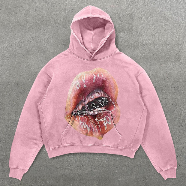 Fashion Mouth Print Long Sleeve Hoodies