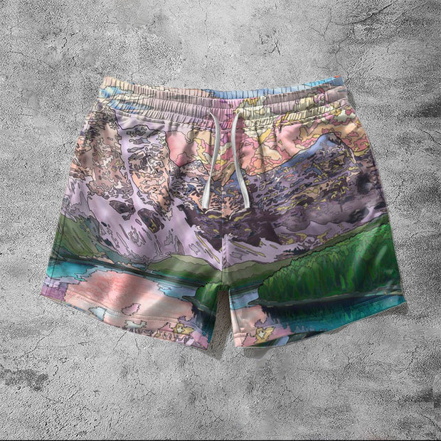 Literary style landscape painting print casual shorts