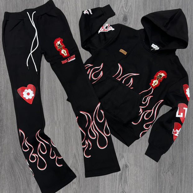 Personalized flame print hoodie tracksuit