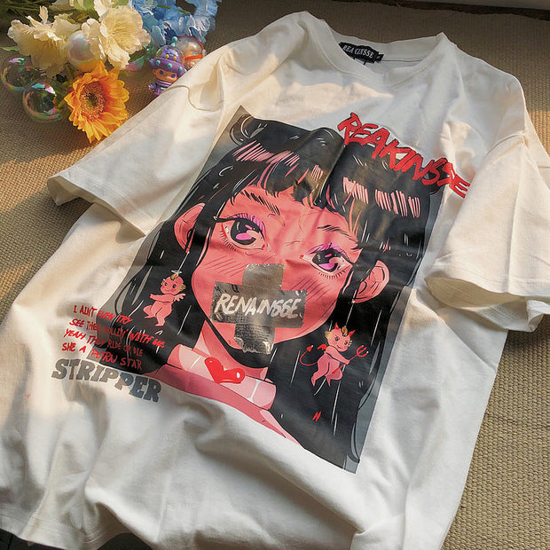 Street style cute anime print loose T-shirt