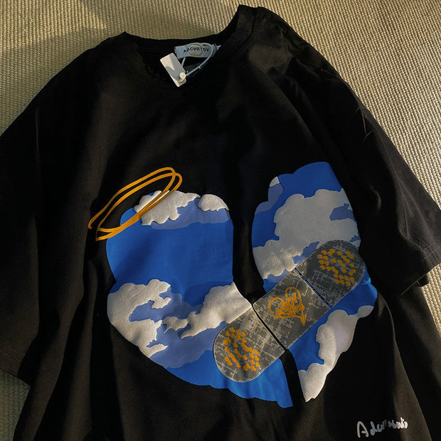 PeterWoo Save the Earth Loose Bubble Craft Short Sleeve T-shirt Street Top