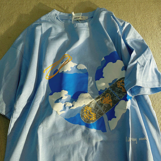 PeterWoo Save the Earth Loose Bubble Craft Short Sleeve T-shirt Street Top