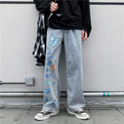 Butterfly print street denim trousers