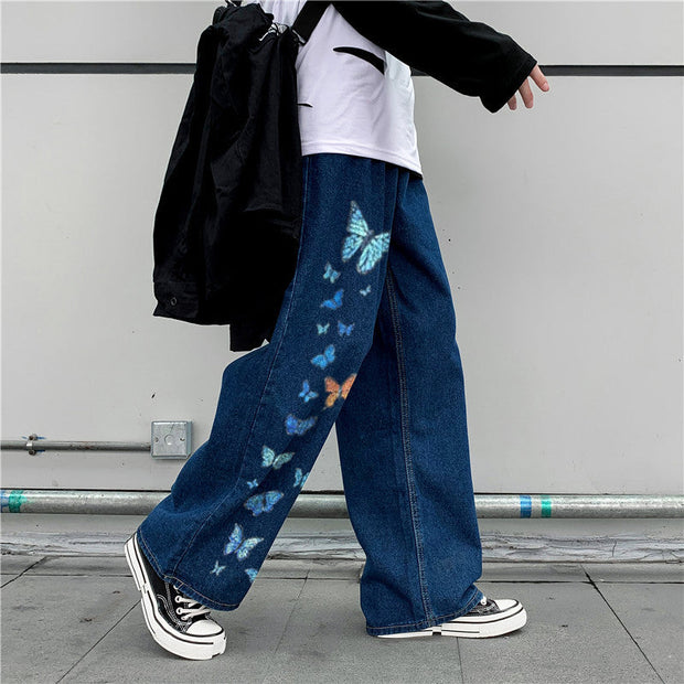 Butterfly print street denim trousers