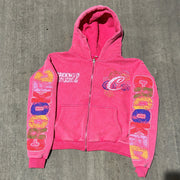 Vintage distressed print zip-up hoodie