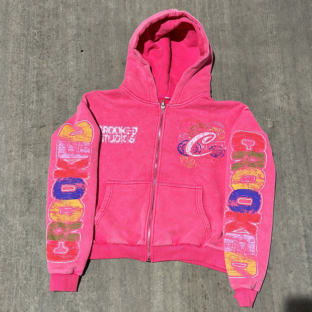 Vintage distressed print zip-up hoodie