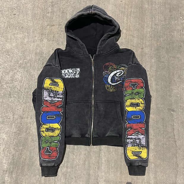 Vintage distressed print zip-up hoodie