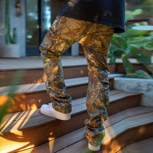 Trendy leaf print pocket overalls