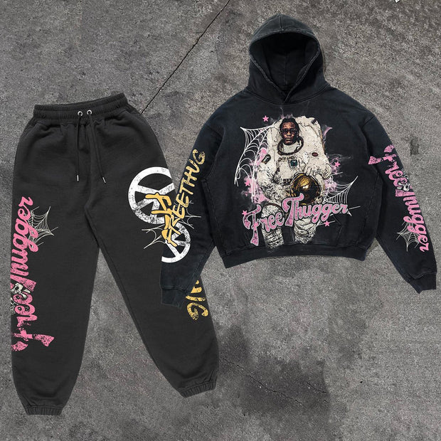 Astronaut Print Casual Street Hoodie Two-Piece Set