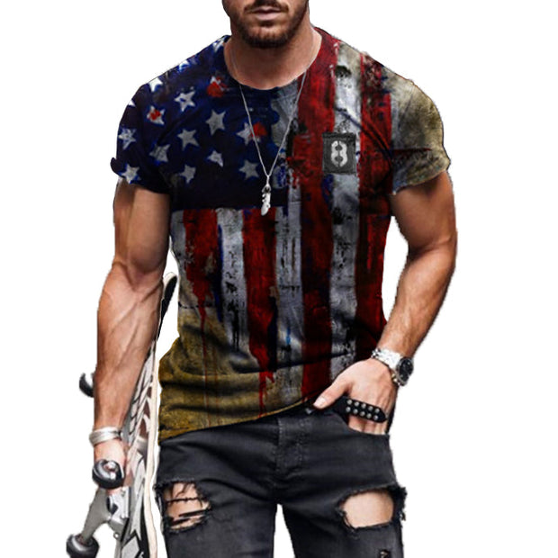 Men's Short Sleeve Trendy Printed Slim Round Neck Pullover T-shirt