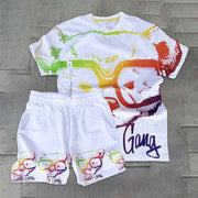 Fashion casual college wind bear print short-sleeved shorts two-piece set