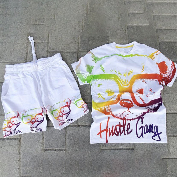 Fashion casual college wind bear print short-sleeved shorts two-piece set