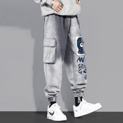 Multi-pocket tooling jeans men's trendy brand gradient trousers loose casual boys tie pants