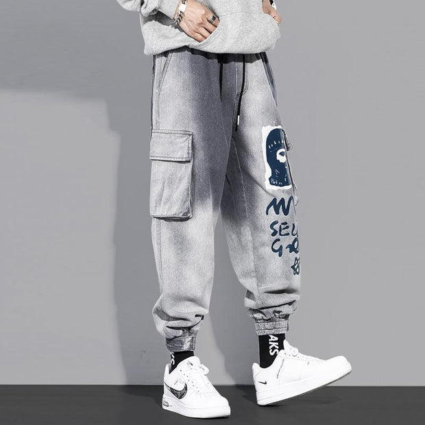 Multi-pocket tooling jeans men's trendy brand gradient trousers loose casual boys tie pants