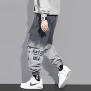 Multi-pocket tooling jeans men's trendy brand gradient trousers loose casual boys tie pants