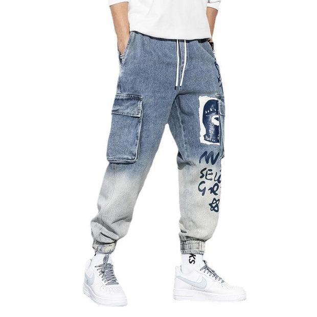 Multi-pocket tooling jeans men's trendy brand gradient trousers loose casual boys tie pants
