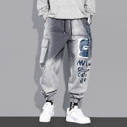 Multi-pocket tooling jeans men's trendy brand gradient trousers loose casual boys tie pants