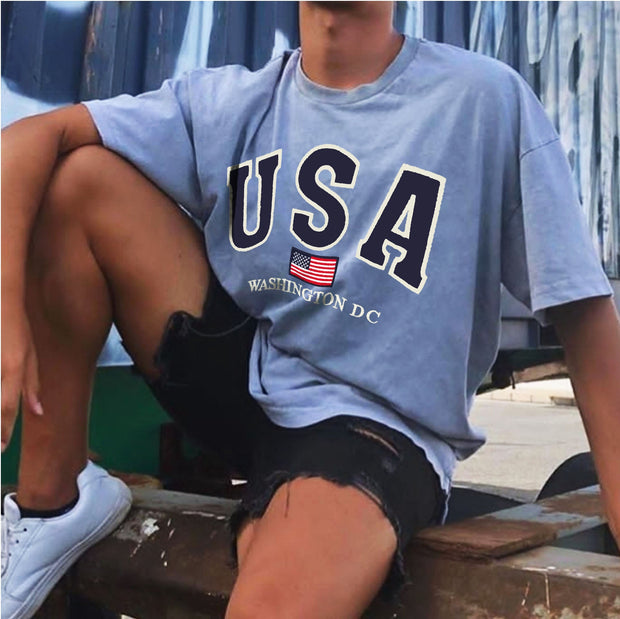 Fashion casual round neck loose street style print T-shirt