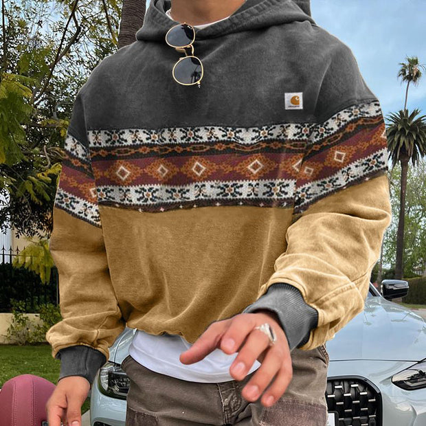 Vintage Aztec Pattern Contrast Color Print Long Sleeve Hoodies